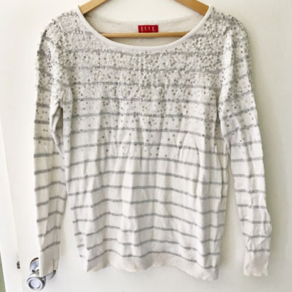 ELLE Womens Sweater Sz M White Gray Sequins Long Sleeve